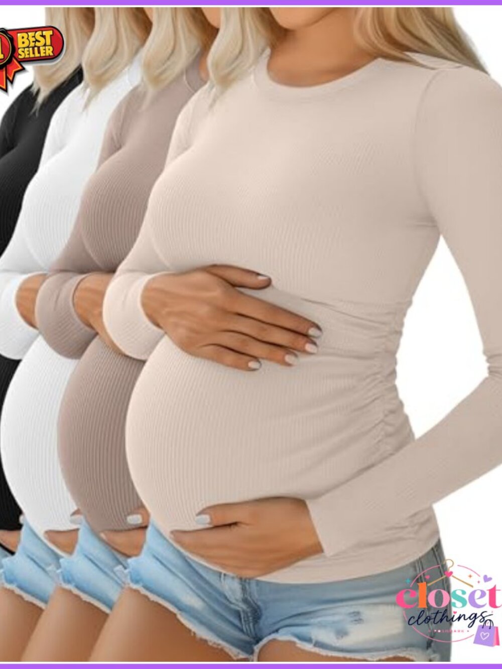 4 Pack Maternity Long Sleeve T-Shirts Ribbed Knit Pregnancy Tops 92% Cotton